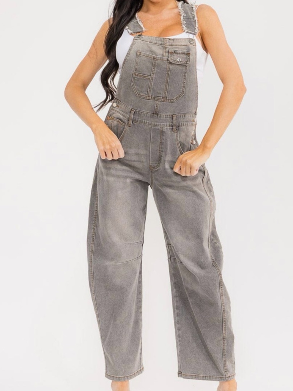 A318. Gray Denim Barrel Overalls - Casual Relaxed Fit